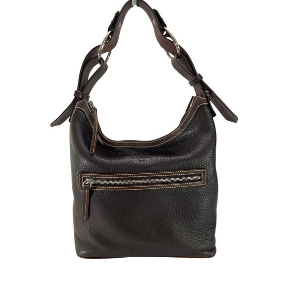 Dooney & Bourke Pebble Leather Shoulder Bag Dark Brown Hobo Tote Zip J1044203 - Picture 1 of 15